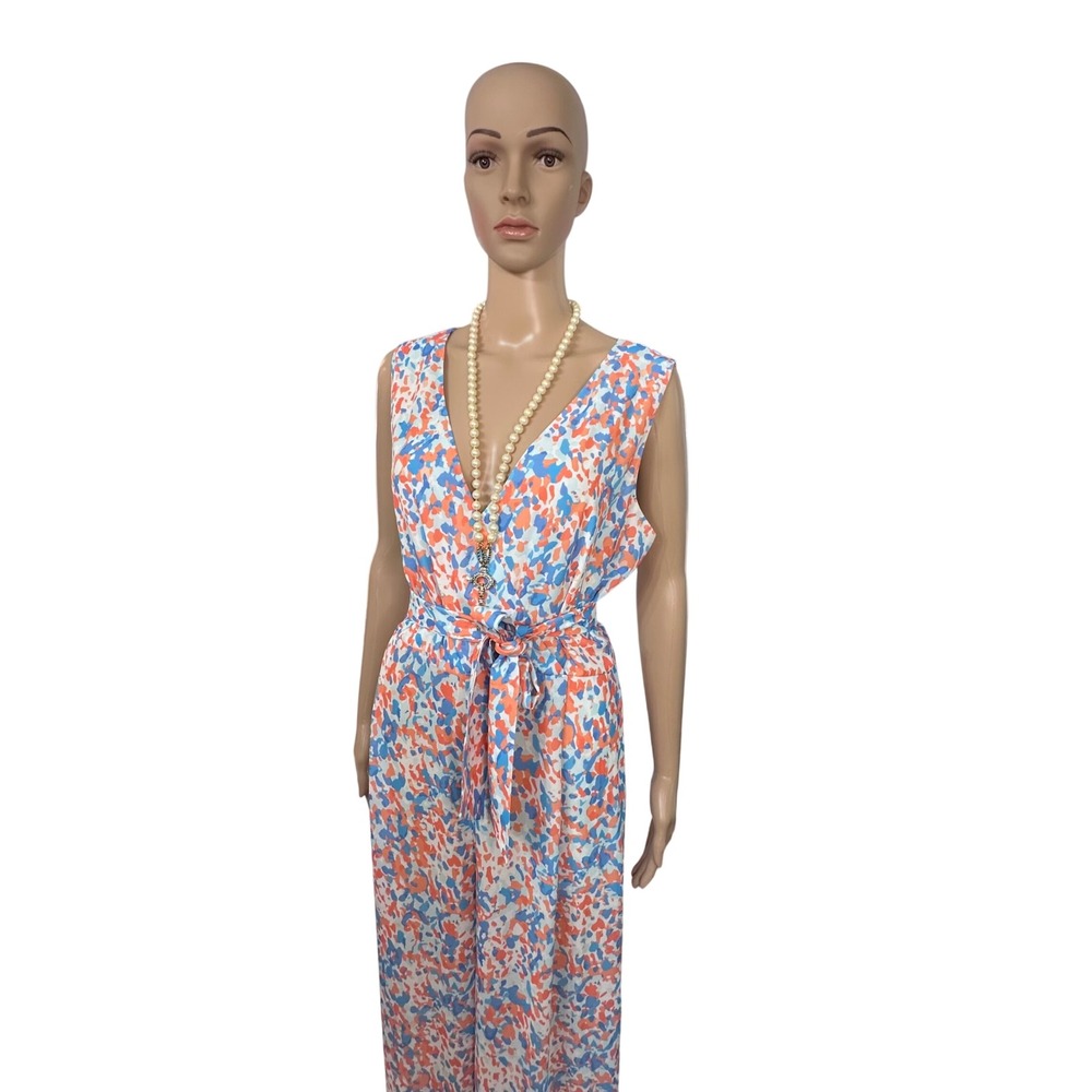 J McLaughlin Hermione Pier Pebble Wome Jumpsuit Coral Aqua Print Size 8